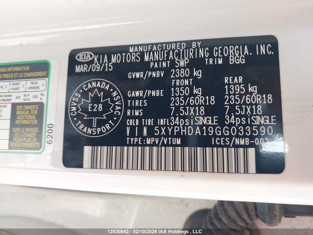 5XYPHDA19GG033590 KIA Sorento