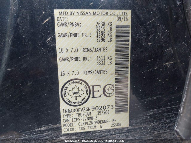 1N6AD0FV2GN902073 Nissan Frontier Sl/sv