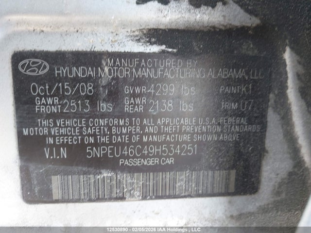 Продажа на аукционе авто 2009 Hyundai Sonata Limited, vin: 5NPEU46C49H534251, номер лота: 12530890