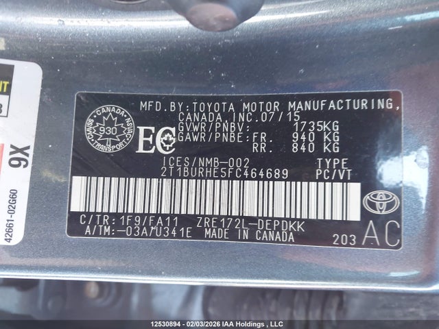2015 Toyota Corolla მანქანა იყიდება აუქციონზე, vin: 2T1BURHE5FC464689, აუქციონის ნომერი: 12530894