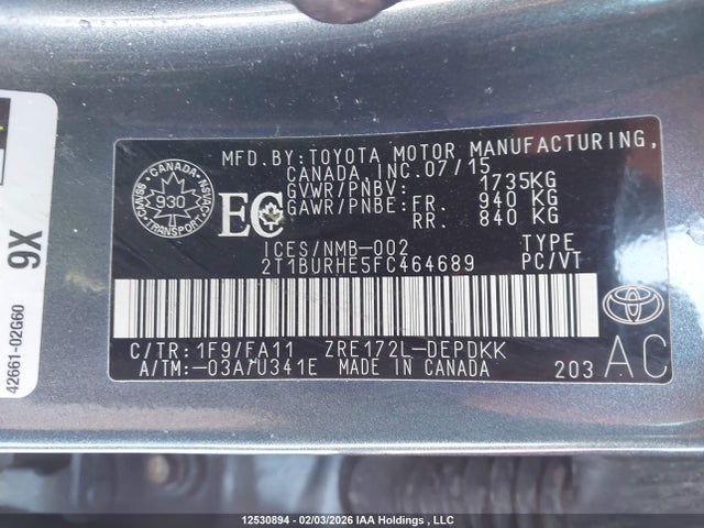 2015 Toyota Corolla მანქანა იყიდება აუქციონზე, vin: 2T1BURHE5FC464689, აუქციონის ნომერი: 12530894