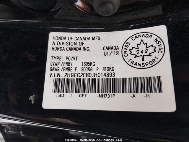12530897 :رقم المزاد ، 2HGFC2F80JH014893 vin ، 2018 Honda Civic Ex مزاد بيع