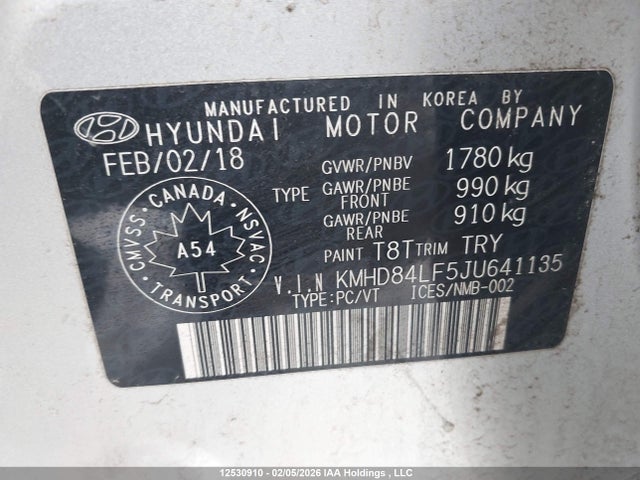 KMHD84LF5JU641135 Hyundai Elantra Gl Se