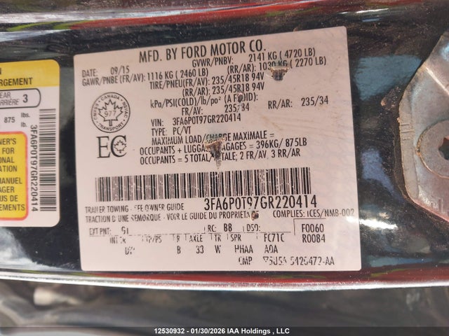 Aukcja sprzedaży 2016 Ford Fusion Se, vin: 3FA6P0T97GR220414, numer aukcji: 12530932