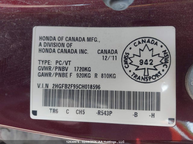 Aukcja sprzedaży 2012 Honda Civic Exl, vin: 2HGFB2F95CH018596, numer aukcji: 12530975