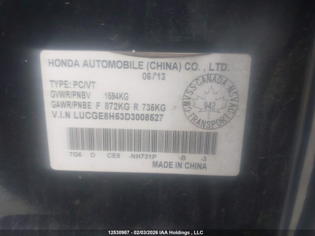 2013 Honda Fit მანქანა იყიდება აუქციონზე, vin: LUCGE8H53D3008527, აუქციონის ნომერი: 12530987
