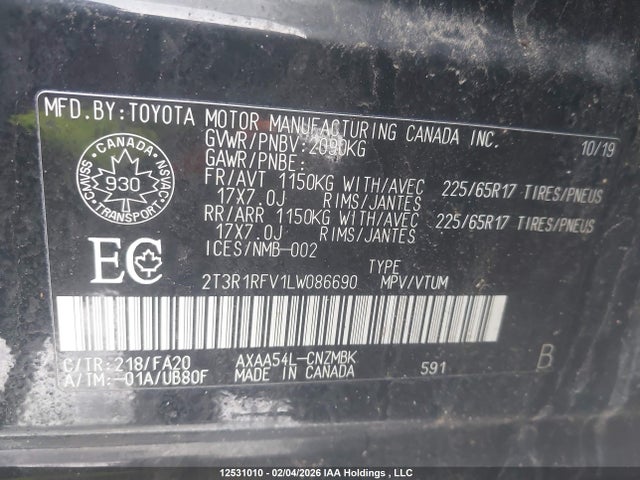 2T3R1RFV1LW086690 Toyota Rav4 Xle