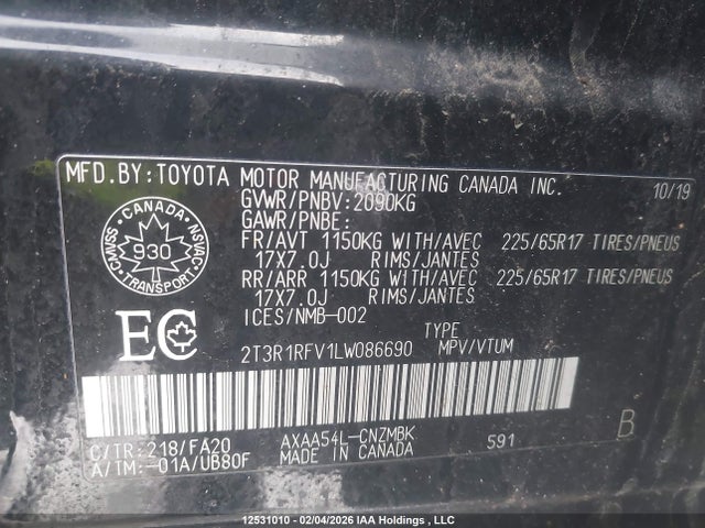 2T3R1RFV1LW086690 Toyota Rav4 Xle