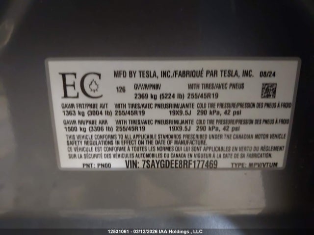 Aukcja sprzedaży 2024 Tesla Model Y, vin: 7SAYGDEE8RF177469, numer aukcji: 12531061