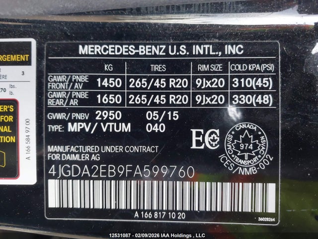 Mercedes-Benz Ml 350 Bluetec 4matic 2015 4JGDA2EB9FA599760 Image 9