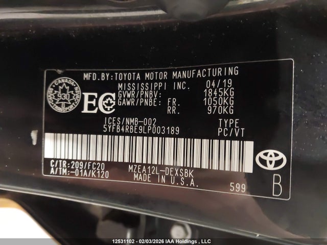 12531102 :رقم المزاد ، 5YFB4RBE9LP003189 vin ، 2020 Toyota Corolla Se مزاد بيع