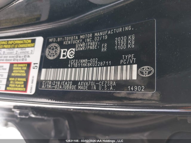 4T1B11HK8KU228711 Toyota Camry