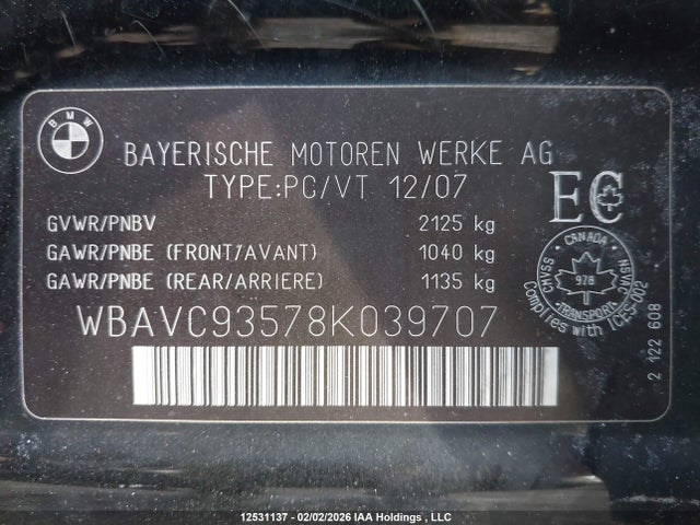 Aukcja sprzedaży 2008 Bmw 328xi, vin: WBAVC93578K039707, numer aukcji: 12531137