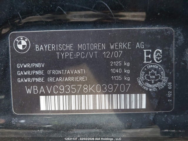 Aukcja sprzedaży 2008 Bmw 328xi, vin: WBAVC93578K039707, numer aukcji: 12531137