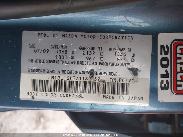 12531142 :رقم المزاد ، JM1BL1SF7A1189457 vin ، 2010 Mazda Mazda3 Gs/gx مزاد بيع