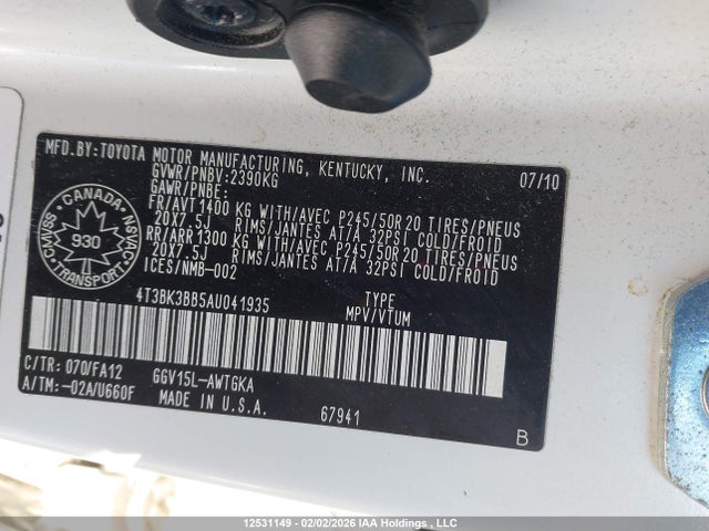 Aukcja sprzedaży 2010 Toyota Venza, vin: 4T3BK3BB5AU041935, numer aukcji: 12531149