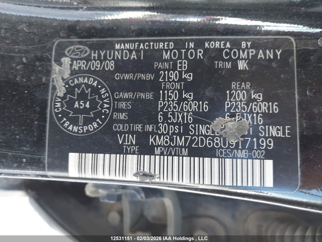 2008 Hyundai Tucson Gl V6/limited მანქანა იყიდება აუქციონზე, vin: KM8JM72D68U917199, აუქციონის ნომერი: 12531151