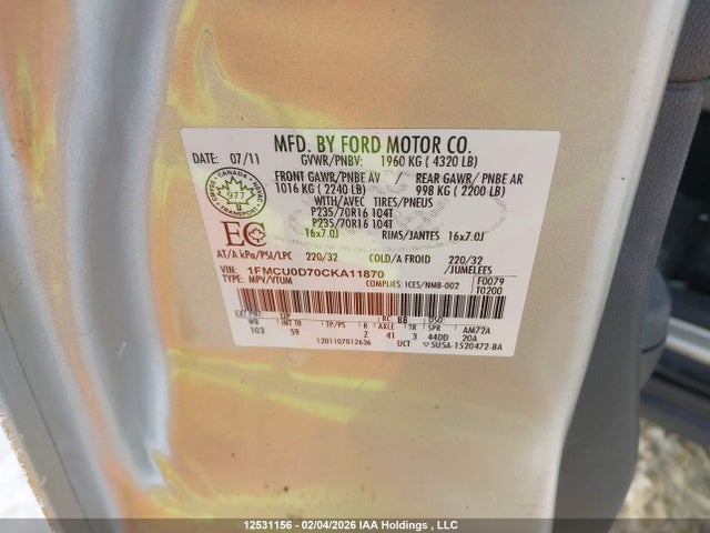 12531156 :رقم المزاد ، 1FMCU0D70CKA11870 vin ، 2012 Ford Escape Xlt مزاد بيع