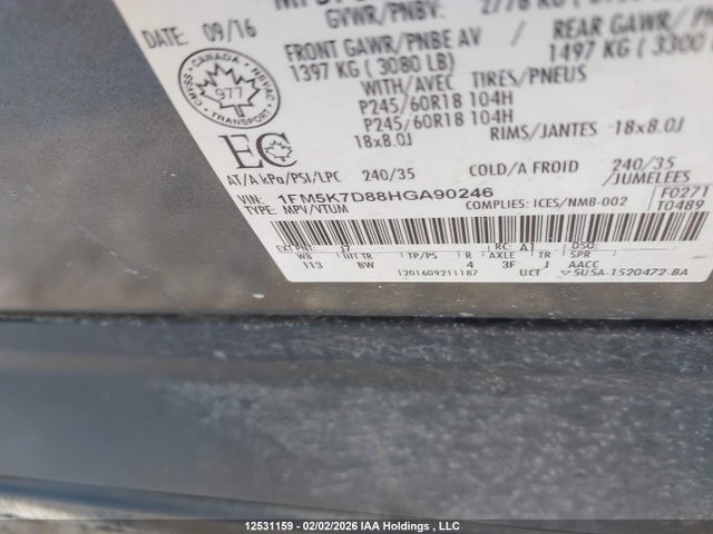 1FM5K7D88HGA90246 Ford EXPLORER XLT