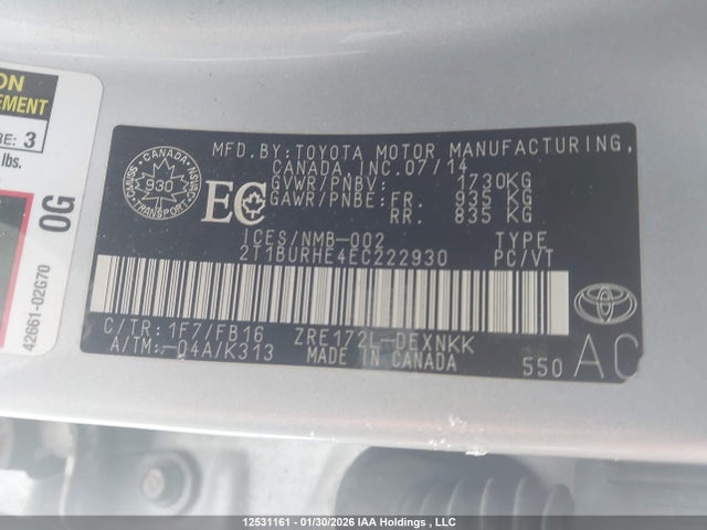 12531161 :رقم المزاد ، 2T1BURHE4EC222930 vin ، 2014 Toyota Corolla مزاد بيع