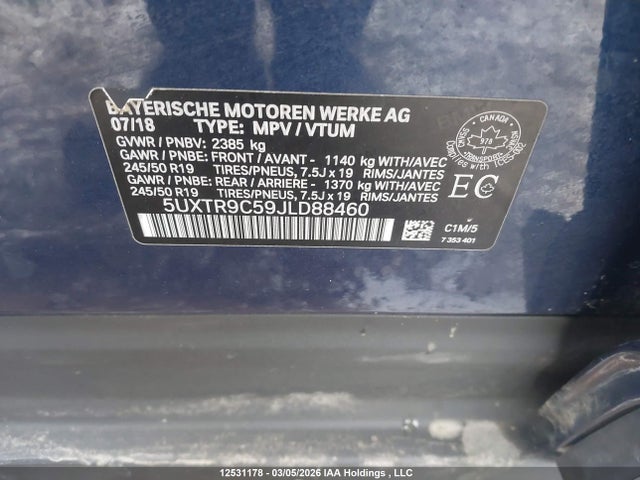 12531178 :رقم المزاد ، 5UXTR9C59JLD88460 vin ، 2018 Bmw X3 Xdrivem40i مزاد بيع