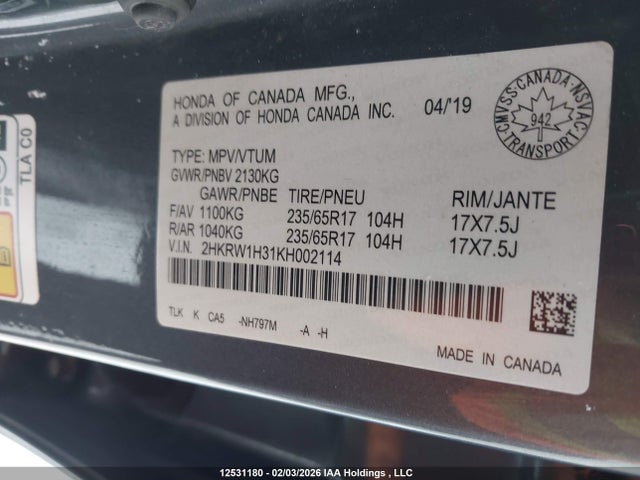 2HKRW1H31KH002114 Honda CR-V LX