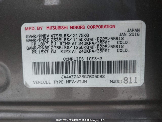 Продажа на аукционе авто 2016 Mitsubishi Outlander Es, vin: JA4AZ2A38GZ605088, номер лота: 12531202