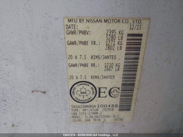 5N1AZ2MH8GN100488 Nissan Murano Platinum/sl/sv