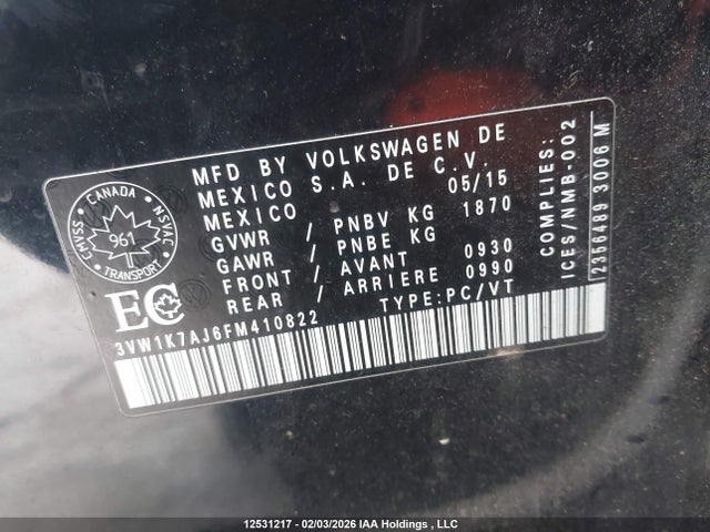 3VW1K7AJ6FM410822 Volkswagen Jetta 2.0l Trendline/2.0l Trendline+