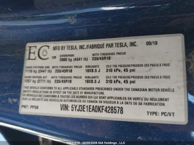 5YJ3E1EA0KF428578 Tesla MODEL 3