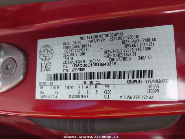 2024 Ford Escape მანქანა იყიდება აუქციონზე, vin: 1FMCU0E10RUB40215, აუქციონის ნომერი: 12531268