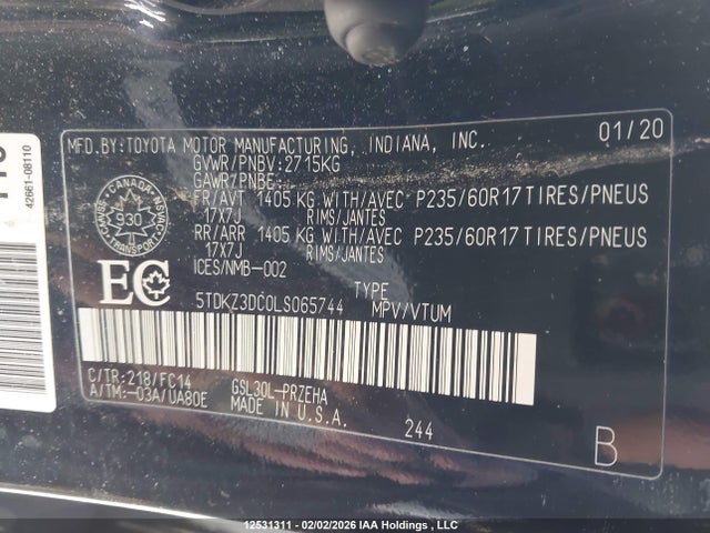 Aukcja sprzedaży 2020 Toyota Sienna Le, vin: 5TDKZ3DC0LS065744, numer aukcji: 12531311