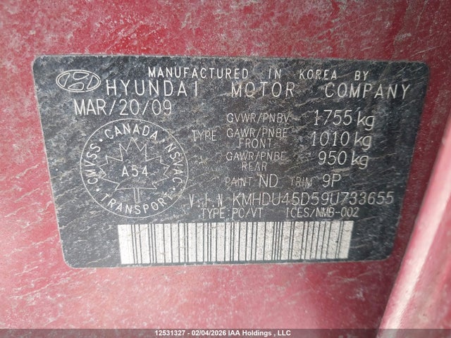 2009 Hyundai Elantra Gl/l მანქანა იყიდება აუქციონზე, vin: KMHDU45D59U733655, აუქციონის ნომერი: 12531327
