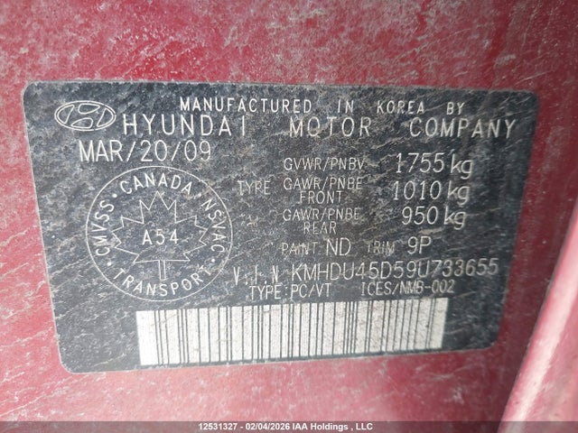 2009 Hyundai Elantra Gl/l მანქანა იყიდება აუქციონზე, vin: KMHDU45D59U733655, აუქციონის ნომერი: 12531327