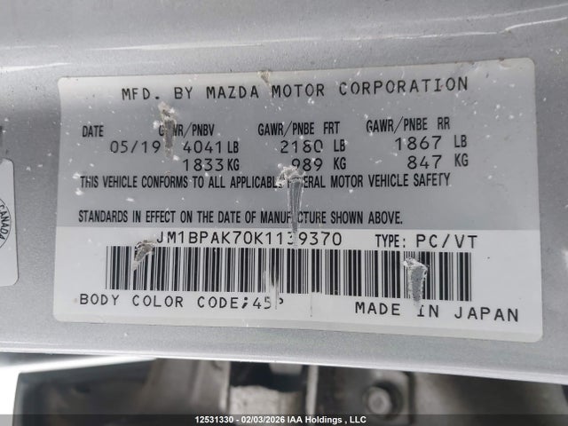 JM1BPAK70K1139370 Mazda 3 Gx