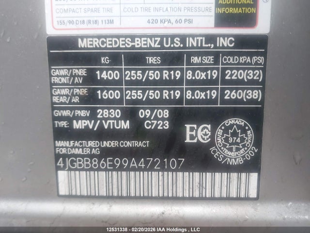 Aukcja sprzedaży 2009 Mercedes-benz Ml 350 4matic, vin: 4JGBB86E99A472107, numer aukcji: 12531338