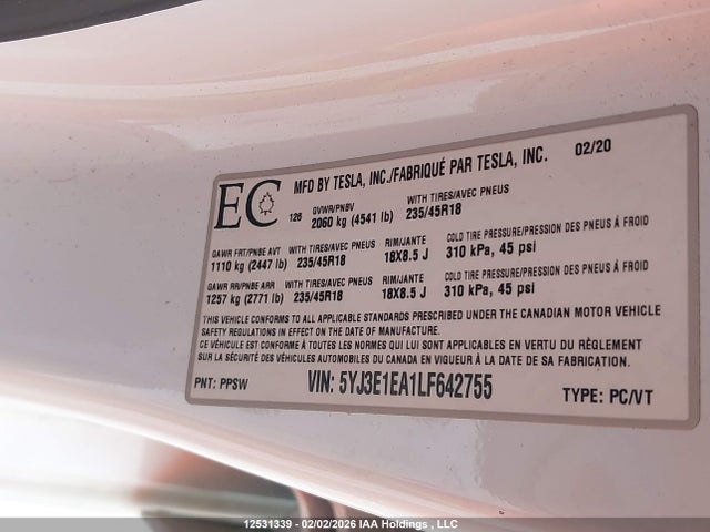 Aukcja sprzedaży 2020 Tesla Model 3 Standard Range Plus, vin: 5YJ3E1EA1LF642755, numer aukcji: 12531339
