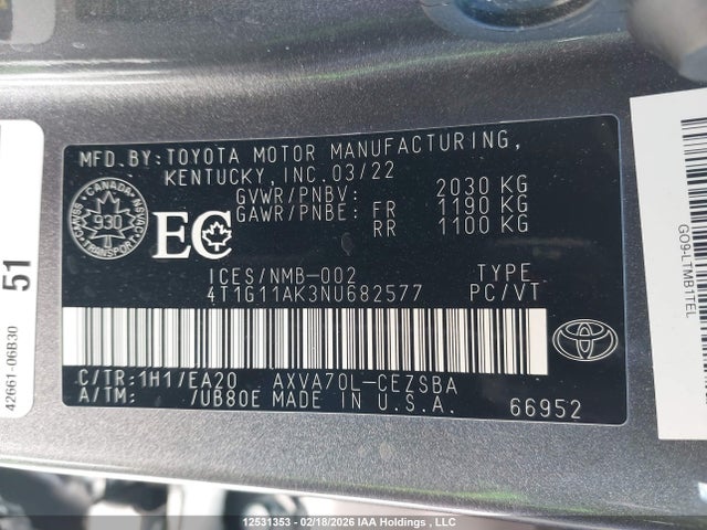 4T1G11AK3NU682577 Toyota CAMRY SE