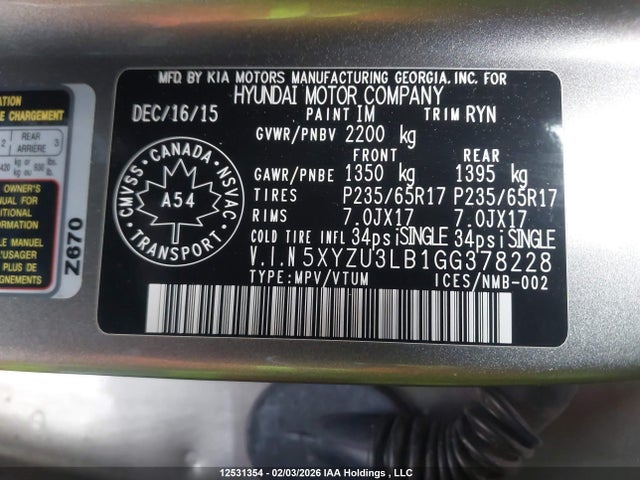 5XYZU3LB1GG378228 Hyundai Santa Fe Sport 2.4 Premium