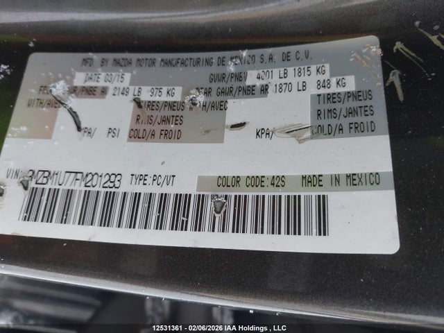 12531361 :رقم المزاد ، 3MZBM1U77FM201293 vin ، 2015 Mazda 3 Sport مزاد بيع