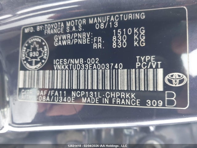 12531418 :رقم المزاد ، VNKKTUD33EA003740 vin ، 2014 Toyota Yaris Le مزاد بيع
