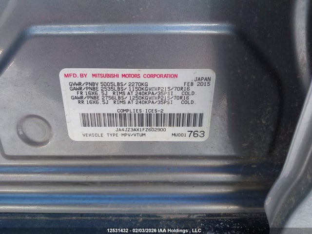 2015 Mitsubishi Outlander Se მანქანა იყიდება აუქციონზე, vin: JA4JZ3AX1FZ602900, აუქციონის ნომერი: 12531432