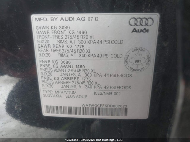 Aukcja sprzedaży 2013 Audi Q7 Prestige, vin: WA1WGCFE5DD002023, numer aukcji: 12531448