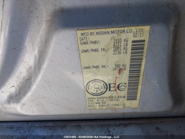 1N4AL3AP8FN391408 Nissan Altima 2.5/2.5 S/2.5 Sl/2.5 Sv