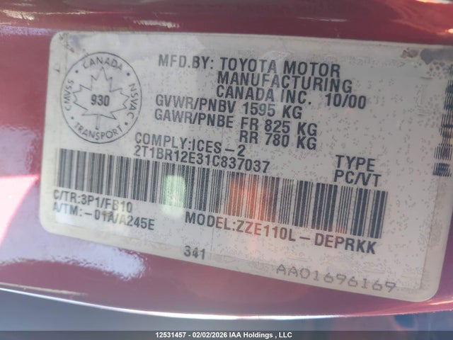Aukcja sprzedaży 2001 Toyota Corolla Ce/le/s, vin: 2T1BR12E31C837037, numer aukcji: 12531457
