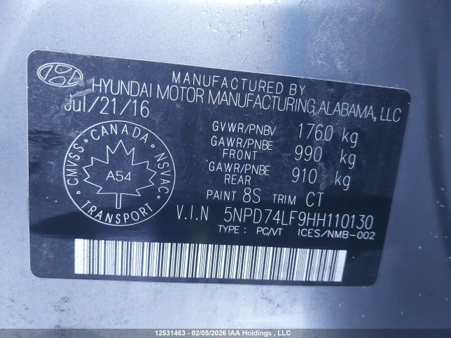 5NPD74LF9HH110130 Hyundai Elantra