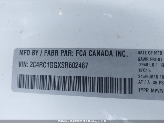 2025 Chrysler Pacifica Limited მანქანა იყიდება აუქციონზე, vin: 2C4RC1GGXSR602467, აუქციონის ნომერი: 12531484