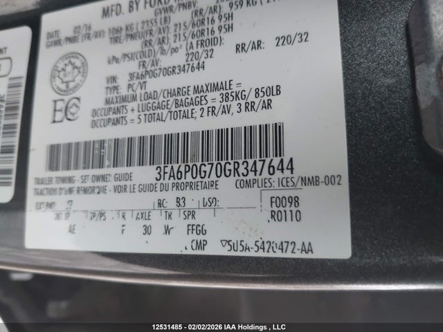 Aukcja sprzedaży 2016 Ford Fusion S, vin: 3FA6P0G70GR347644, numer aukcji: 12531485