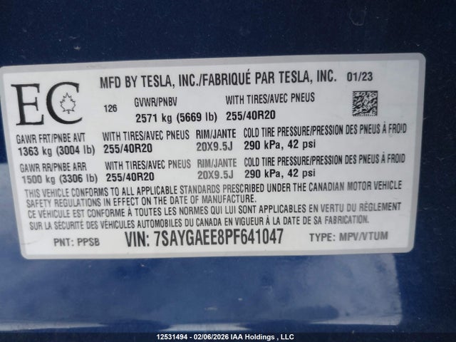 7SAYGAEE8PF641047 Tesla Model Y Long Range