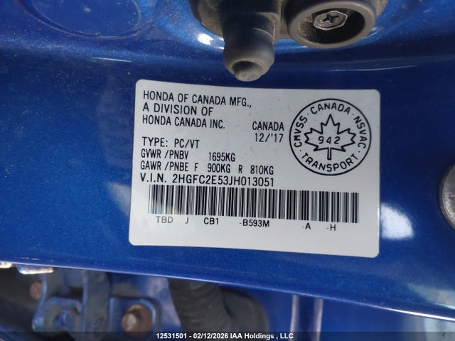 12531501 :رقم المزاد ، 2HGFC2E53JH013051 vin ، 2018 Honda Civic مزاد بيع